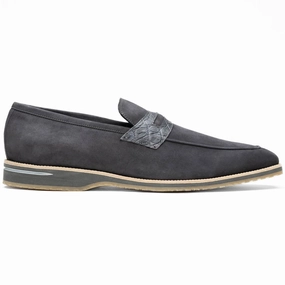 11-035-GRY MEO 3 Sueded Goatskin Penny Loafer, Grey Clean Profile Shockproof Heel