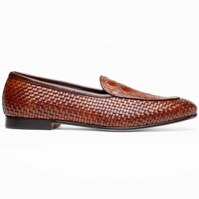 11-620-CGN PALIO Genuine Crocodile and Calfskin Basketweave Slip On, Cognac Casual Slip-on Walking Shoes