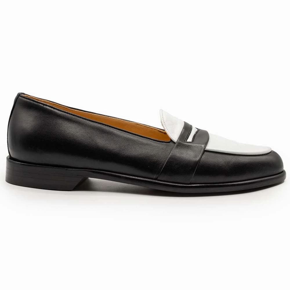 15-300-BKW ALBA Calfskin Penny Loafer, Black/White Supportive Walk