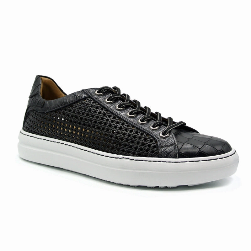 Stylish Flex 65-205-BLK VENTO Calfskin Side Weave & Embossed Crocodile Sneaker, Black