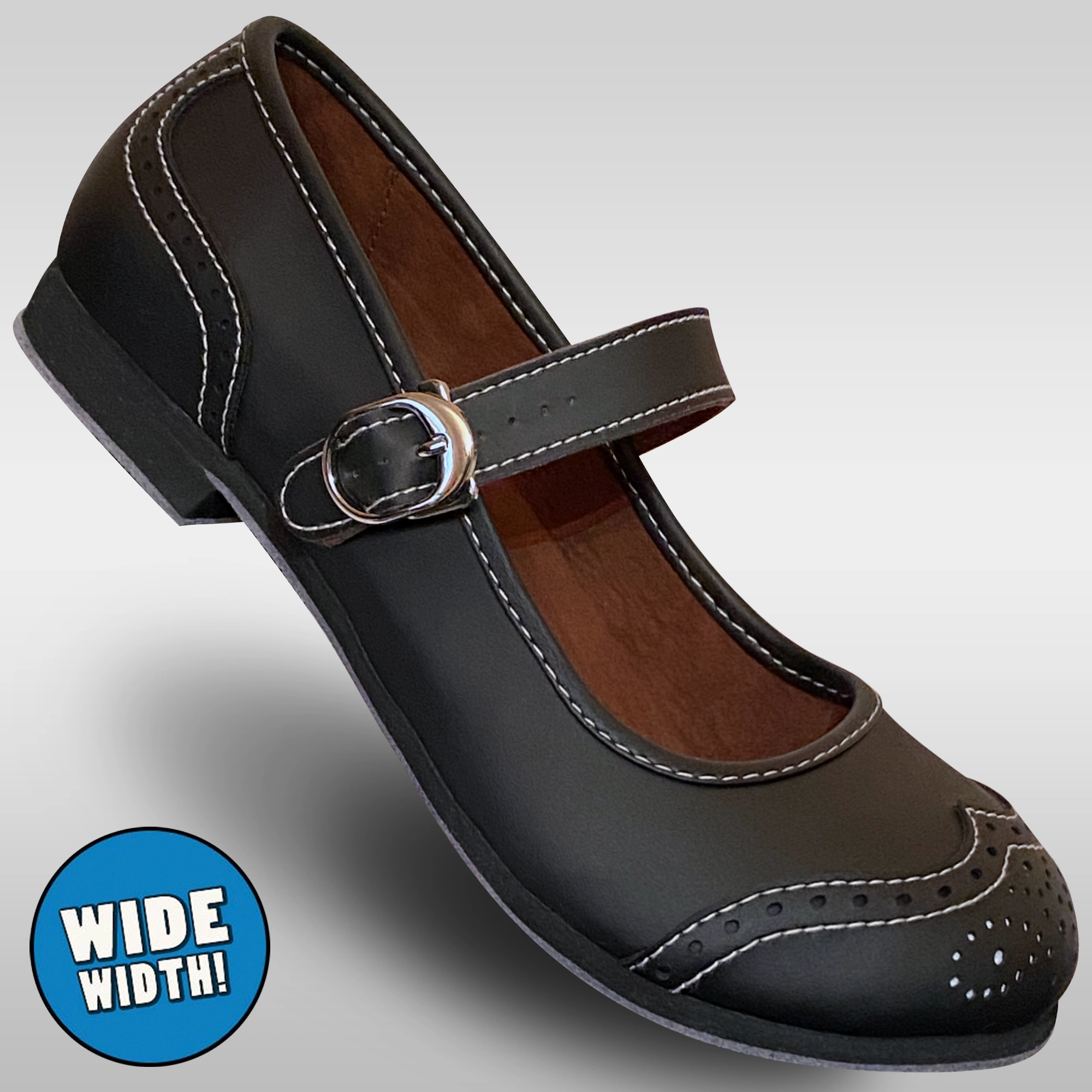 Aris Allen Black Snub Toe Mary Jane Wingtips - Wide Width Ventilated Footbed