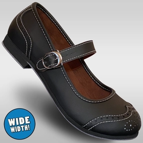 Aris Allen Black Snub Toe Mary Jane Wingtips - Wide Width Ventilated Footbed