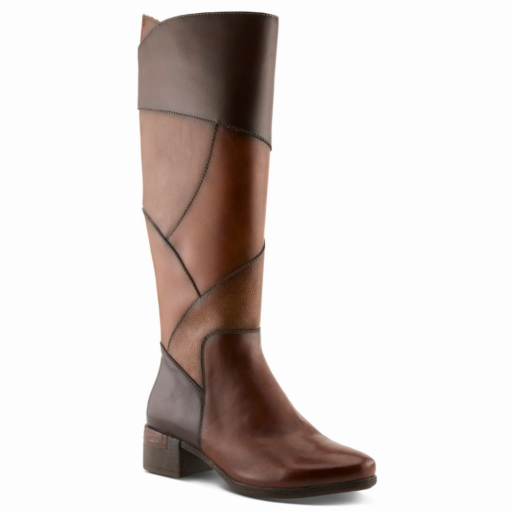 Buckle Detail High Lift Spring Step Patchwork Brown Multi Leather Tall Boot (Women's)