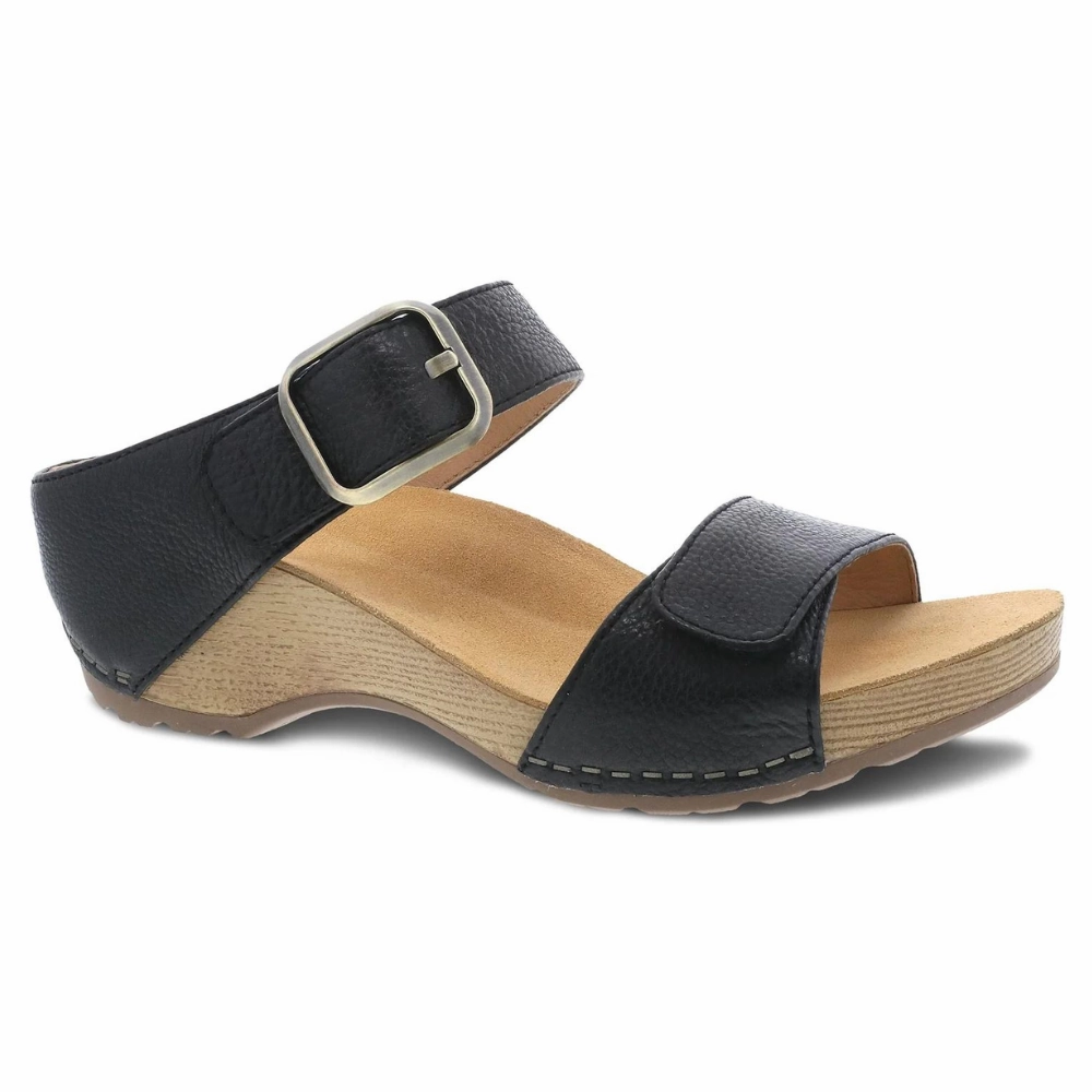 Lightweight Flats Neoprene Strap Dansko Tanya Black Milled Burnished Leather Sandal (Women's)