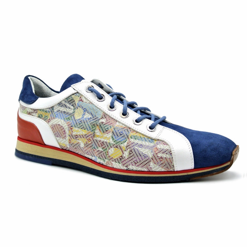 Durable Outsole Material 65-211-BLU ALPHA Sueded Calfskin with Print Sneaker, Blue