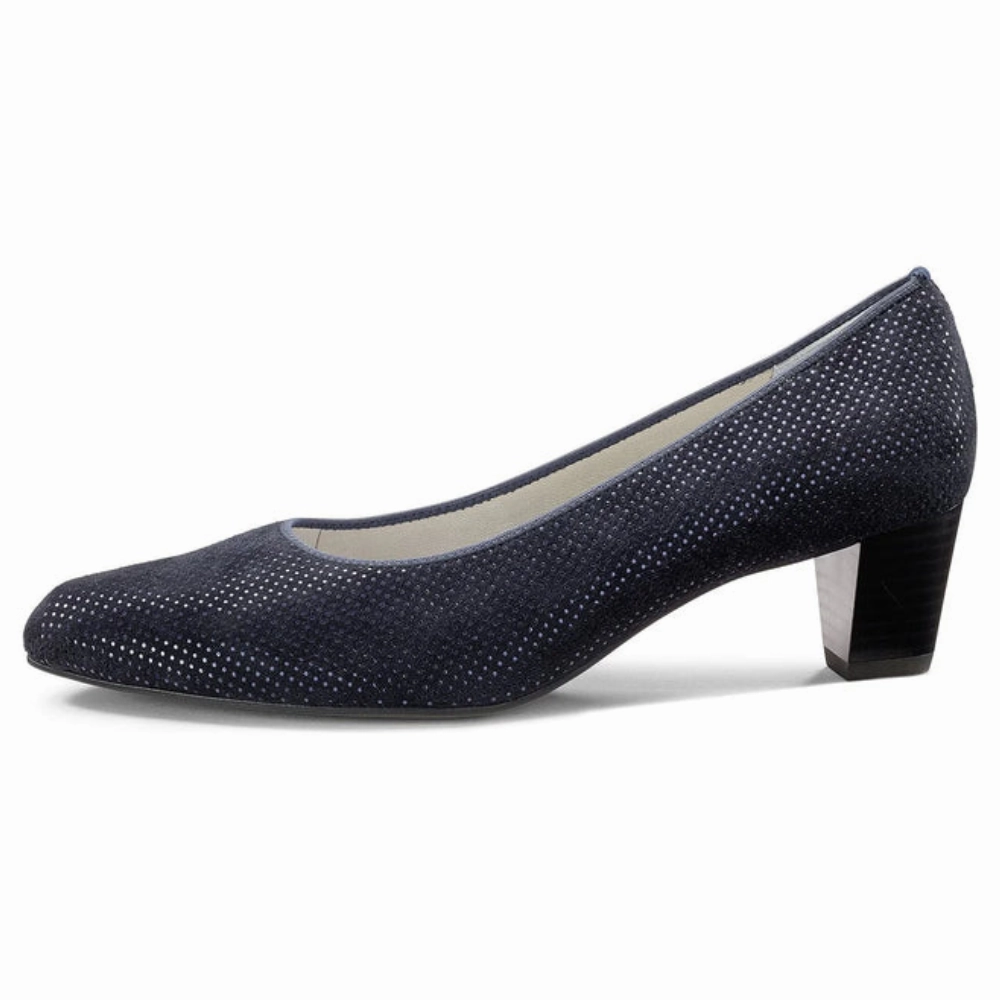 Shiny Finish Heightened Style Ara Kelly Navy Puntikid Leather Pump (Women's)
