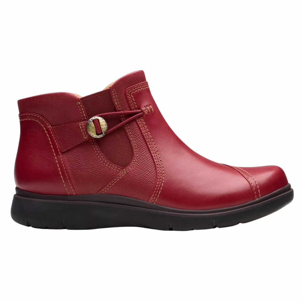Clarks Certina Joy Red Leather Boot (Women's) Impact Dispersing Heel Fresh Vibes