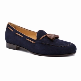 16-584-NVY NAPLES Italian Kid Suede with Embossed Crocodile Tassel Loafer, Navy Natural Shape Timeless Leather Shoes