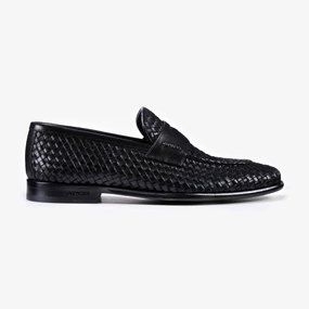 Minimal Design Men's Black Woven Leather Penny Loafer