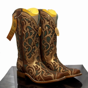 Slip-On Style Moisture Wicking Fabric Corral Women's French's 50th Anniversary Boots - Tobacco & Golden Square Toe