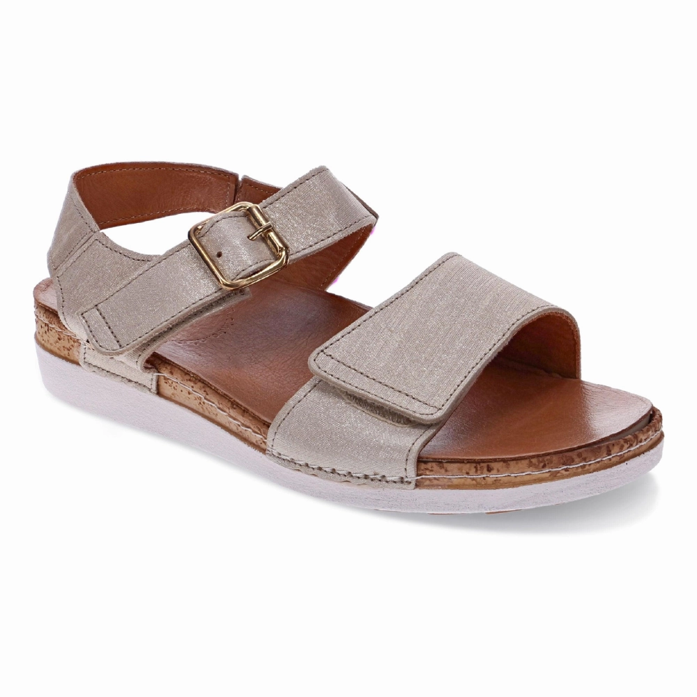 Revere Georgia 3 Strap Adjustable Gold Linen Sandal (Women's) Seaside Stroll Arch Support Design