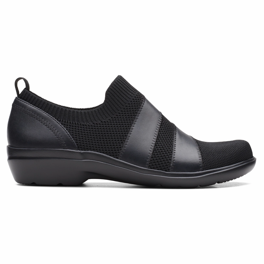 Clarks Sashlyn Edge Black Knit Slip-On Shoe (Women's) Lightweight Footwear Contoured Footbed Shape