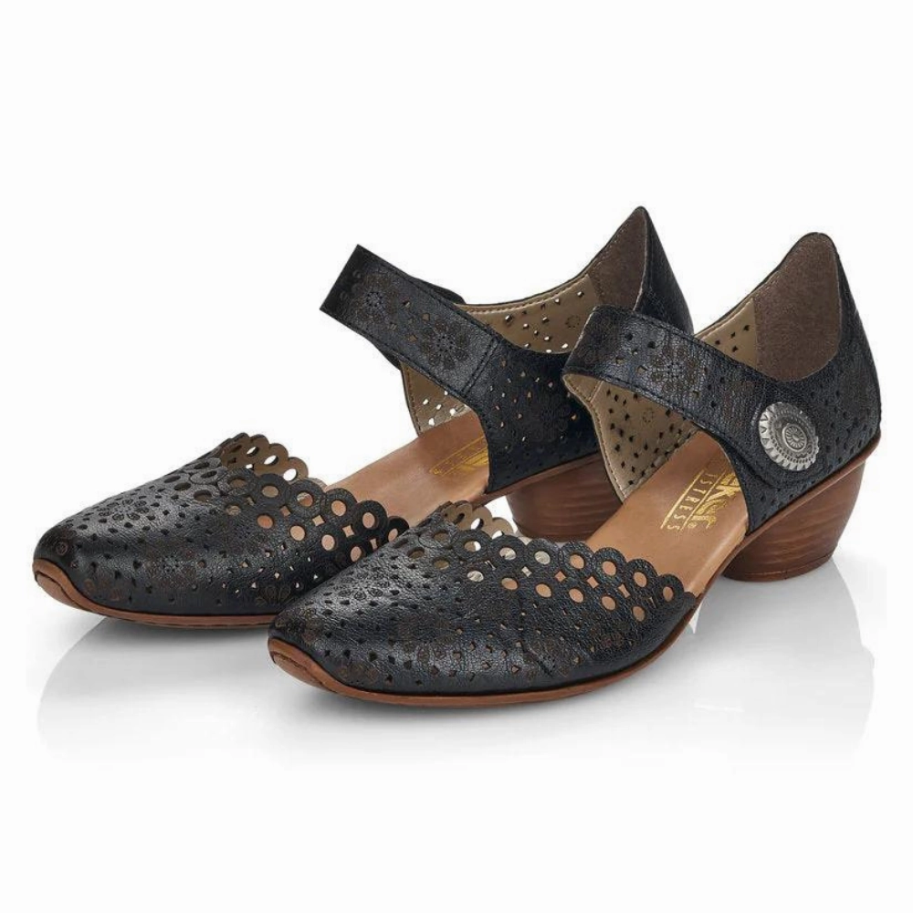 Rieker Mirjam 53 Black Leather Heel (Women's) Club Ready Smart Design