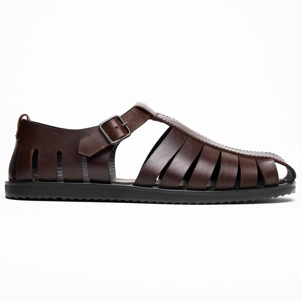 05-110-BRN PESCA Calfskin Strap-On Sandal, Brown Silk Feel