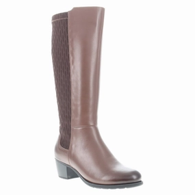 Boardroom Style Textured Tread Pattern Propet Talise Stretchable Brown Leather Tall Boot (Women's)