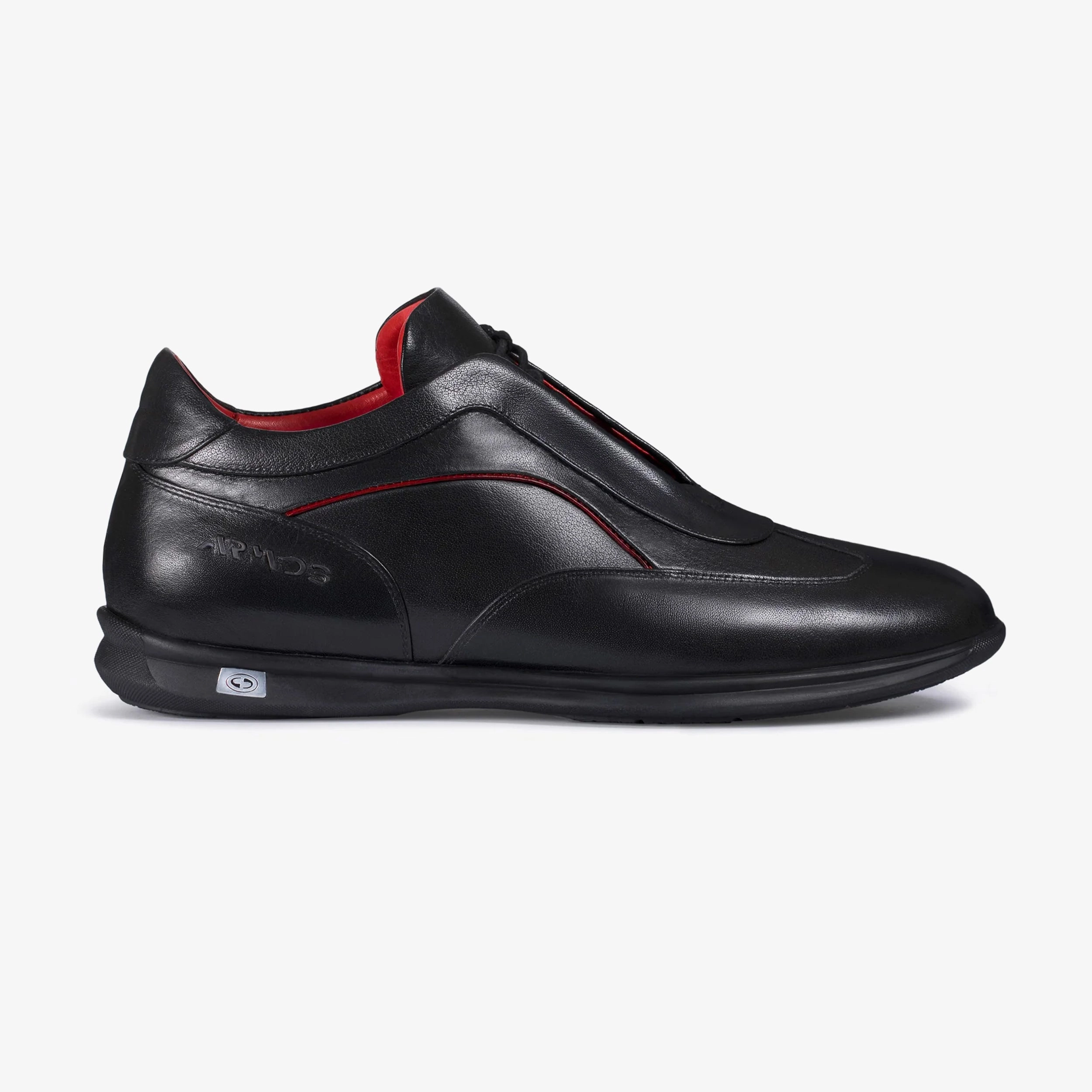 Men??s Black Leather Sneaker with Red Lines Breathable Knit Upper All Surface Traction