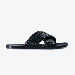 Men's Black Woven Cross-Strap Slide Sandal Minimal Feel Rubber Sole