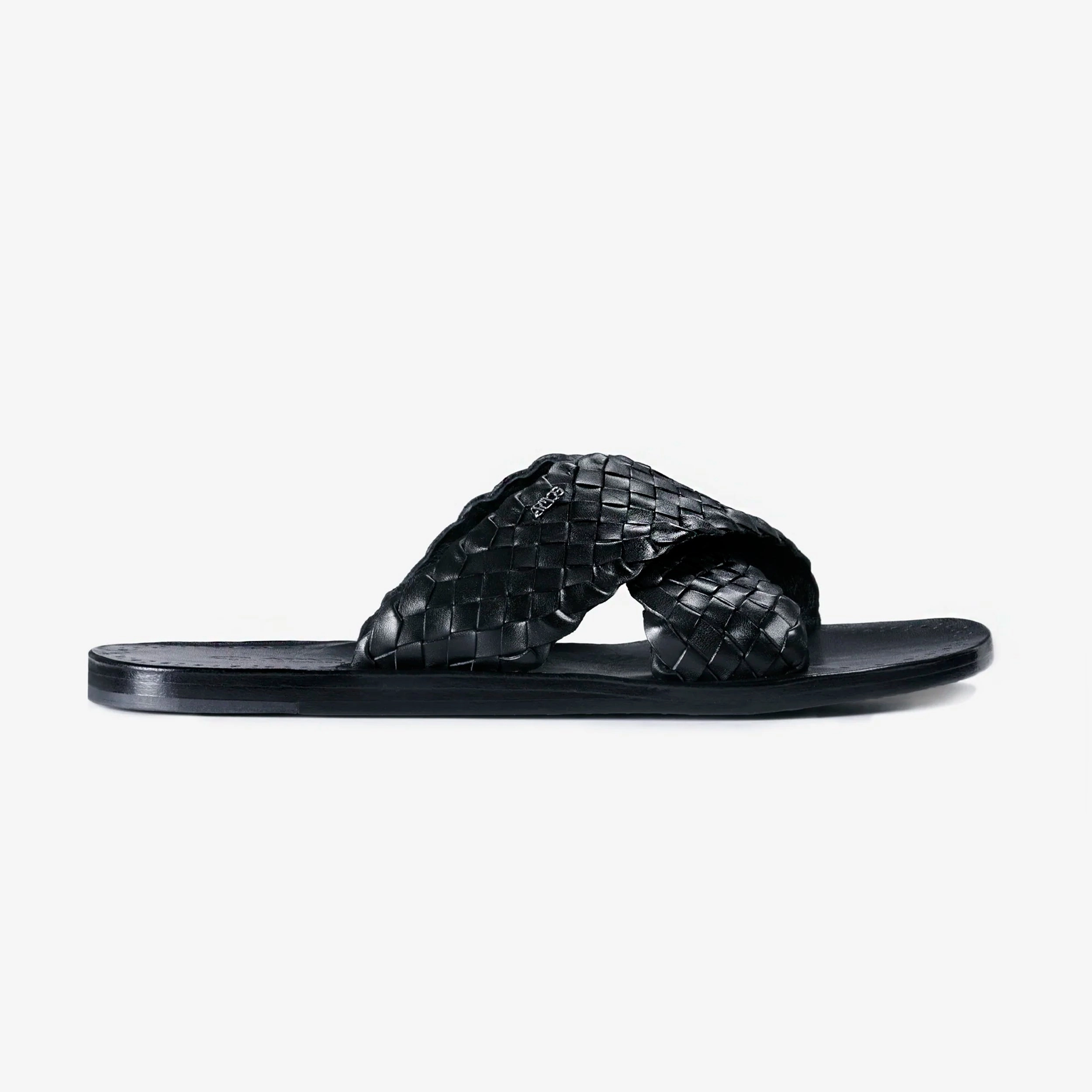 Men's Black Woven Cross-Strap Slide Sandal Minimal Feel Rubber Sole