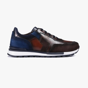 Sleek Silhouette Comfortable Fitment Men's Brown and Blue Leather Sneaker