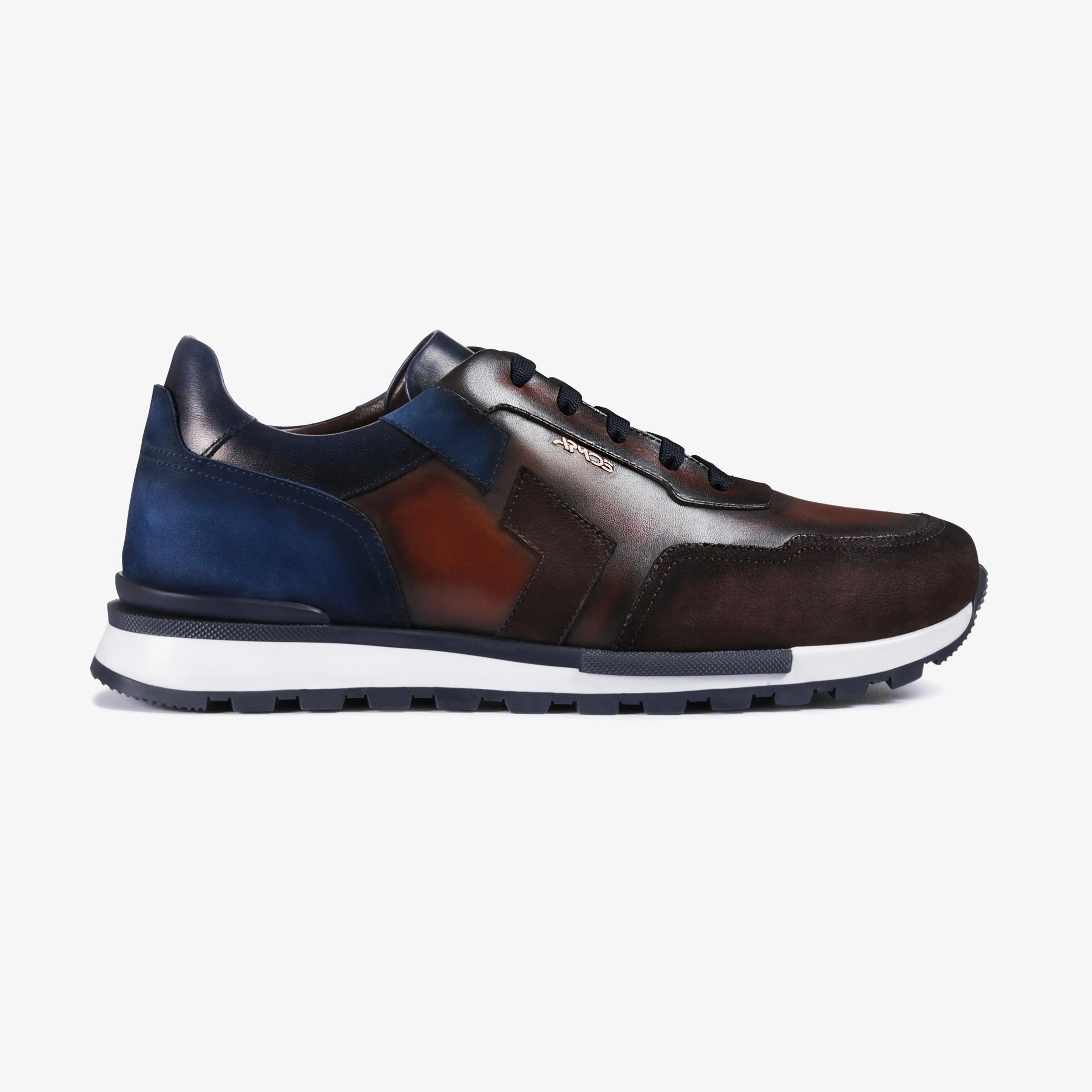 Sleek Silhouette Comfortable Fitment Men's Brown and Blue Leather Sneaker