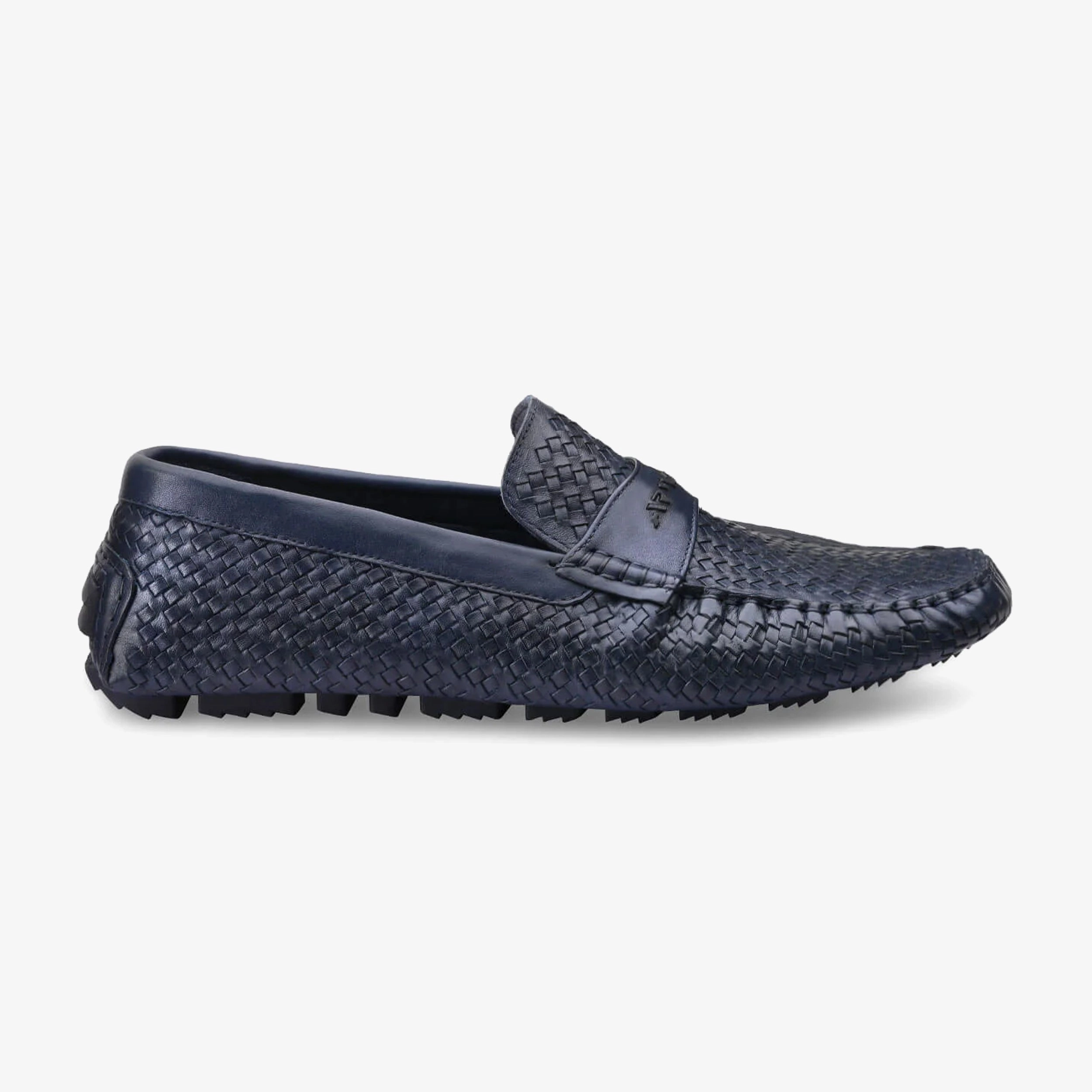 Casual Elegance Men's Dark Blue Woven Leather Moccasin