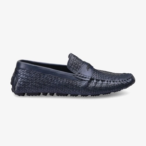 Casual Elegance Men's Dark Blue Woven Leather Moccasin