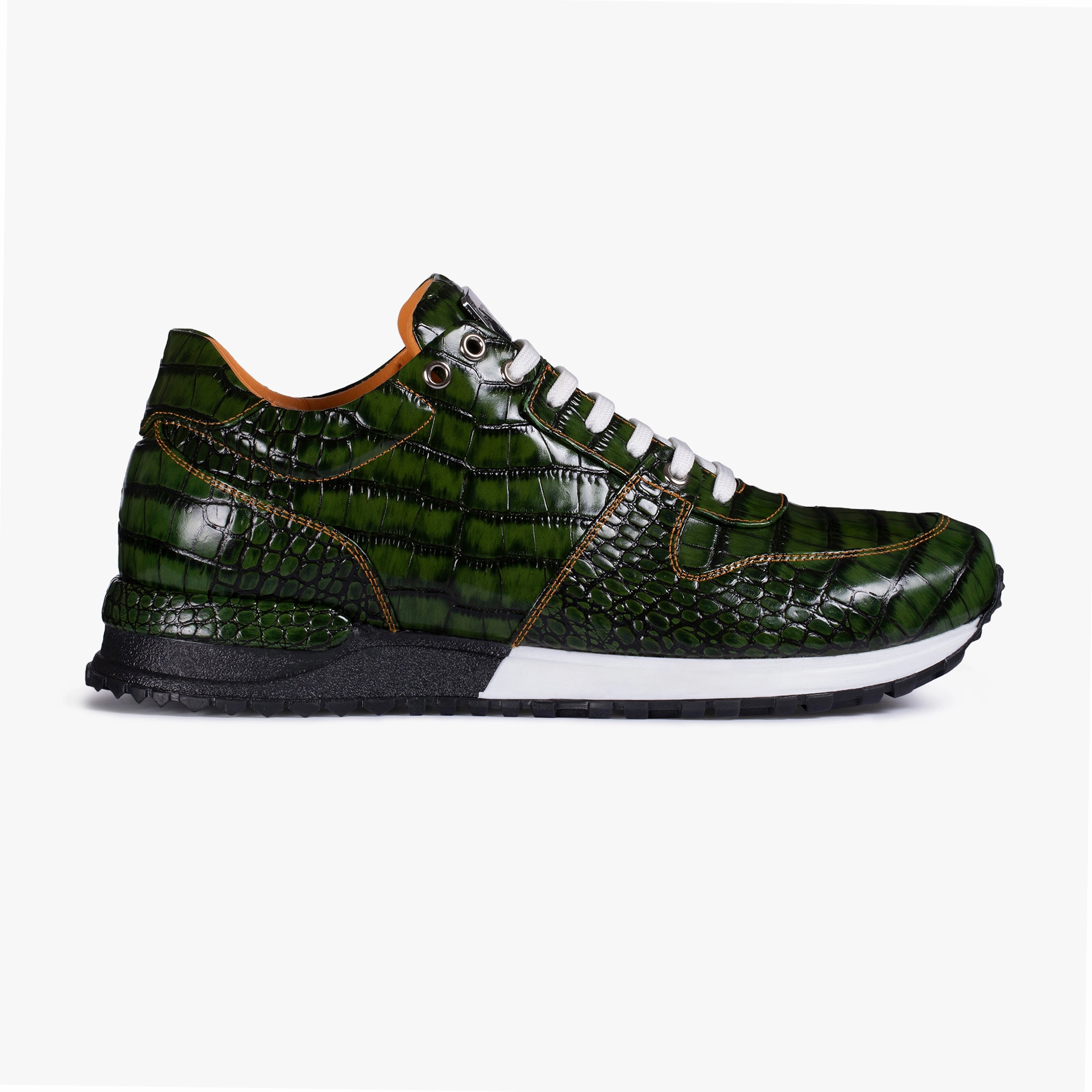 Minimalist Layered Design Men's Green Croc-Print Leather Sneaker
