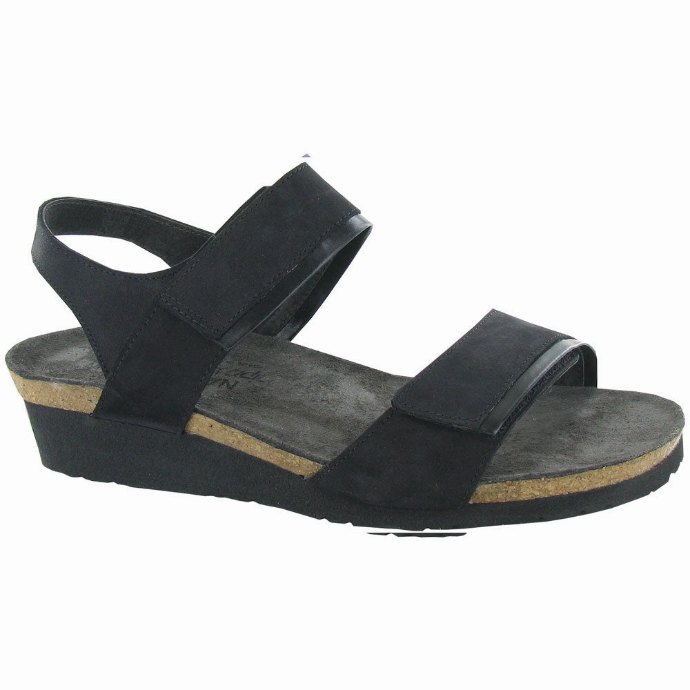 Naot Aisha Black Velvet Nubuck/Black Madras Leather (Women's) Comfortable beach sandals Practical Walking Shoes