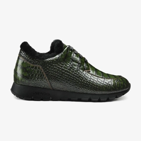 Men's Dark Green Glossy Croc-Print Sneaker All Weather Cold Weather Commuter