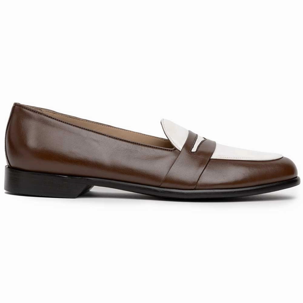 15-300-CRM ALBA Calfskin Penny Loafer, Camel/Cream Bold colors