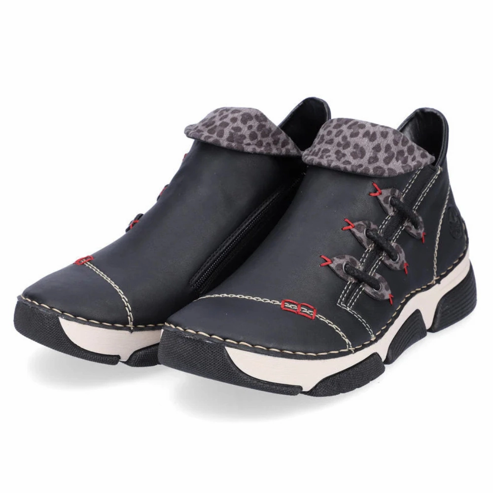 Rieker Angela 83 Black/Leo/Grey Bootie (Women's) PU Sole Skip Step