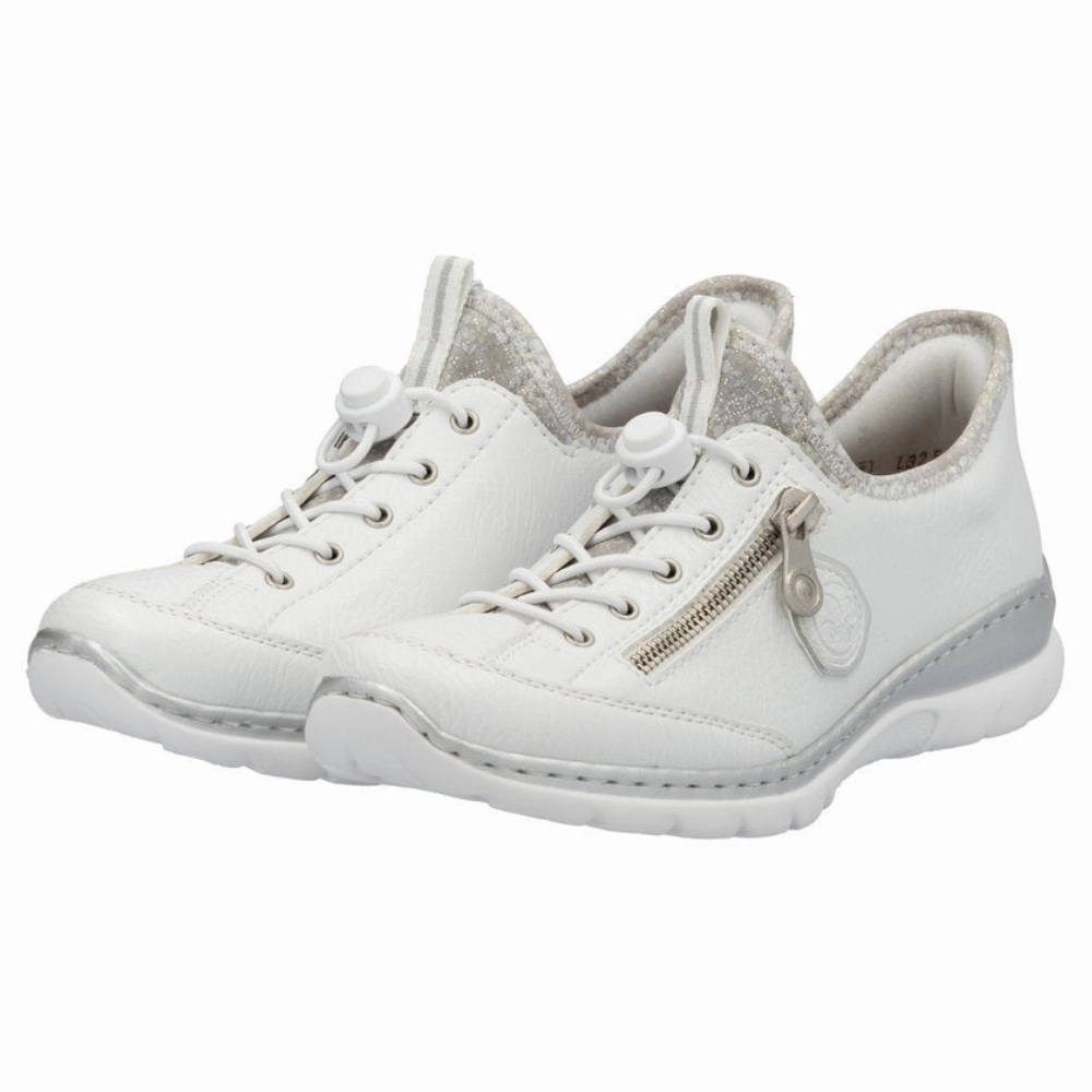 Rieker Nikita F1 White/Silver Flower Leather Shoe (Women's) Sustainable Rubber Compound Zip Closure