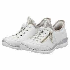 Rieker Nikita F1 White/Silver Flower Leather Shoe (Women's) Sustainable Rubber Compound Zip Closure