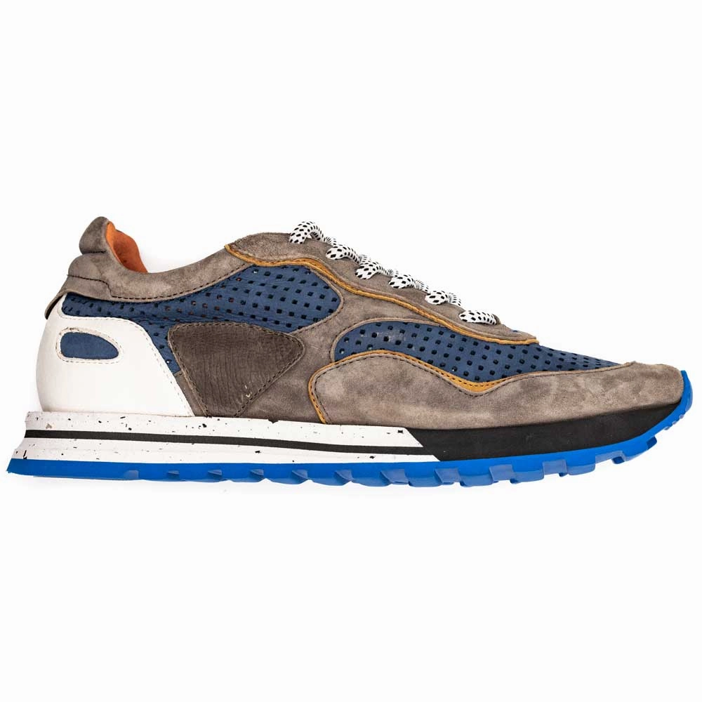66-237-BLU RAYA Perforated Italian Calfskin Sneakers, Blue/Taupe Sneakers Memory Foam Adaptation
