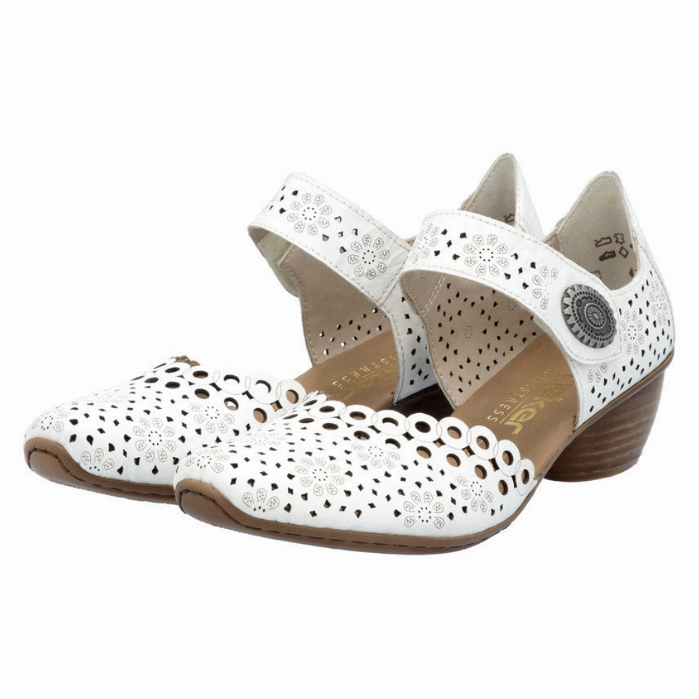 Stylish Comfort Rieker Mirjam 53 White Leather Heel (Women's)