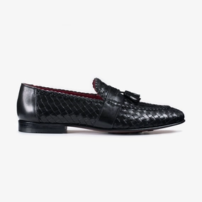 Men??s Black Woven Leather Tassel Loafer Foot Care Padded