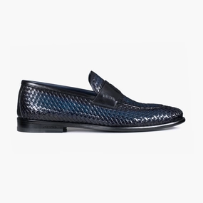 Men's Blue Woven Leather Penny Loafer ground grip