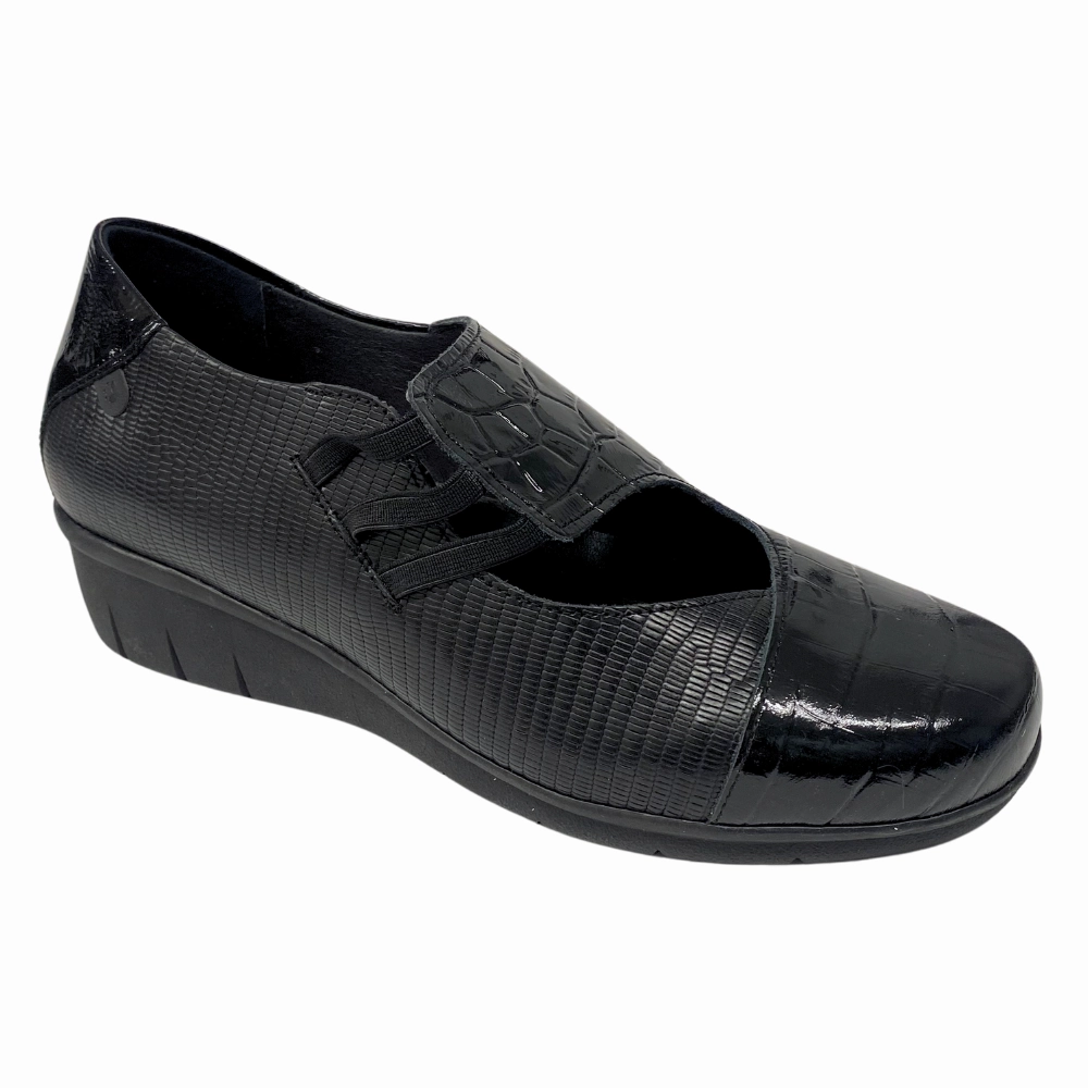 Valeria's Maddy Black Combo Print Wedge Slip-On (Women's) Velcro Design