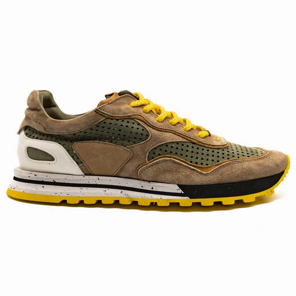 66-237-MOS RAYA Perforated Italian Calfskin Sneakers, Moss/Taupe Rubber Traction Pods