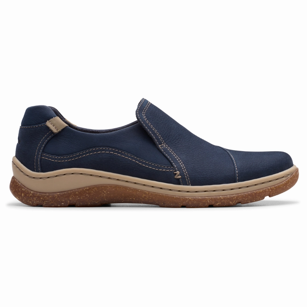 Clarks Orlene Slip Navy Nubuck Shoe (Women's) Soft Layers